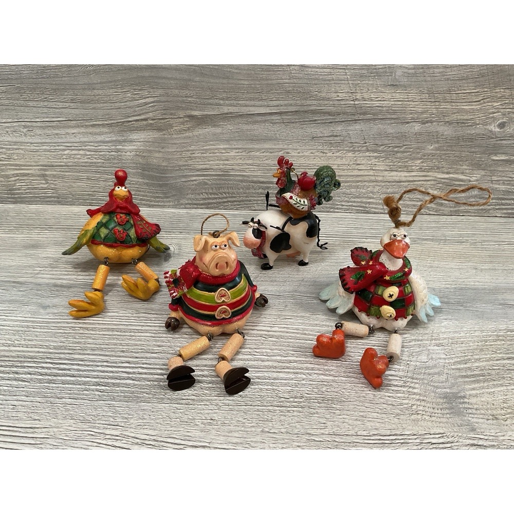 Christmas Set Of 4 Country Farm Animals Dangling Legs Whimsical Ornaments RARE